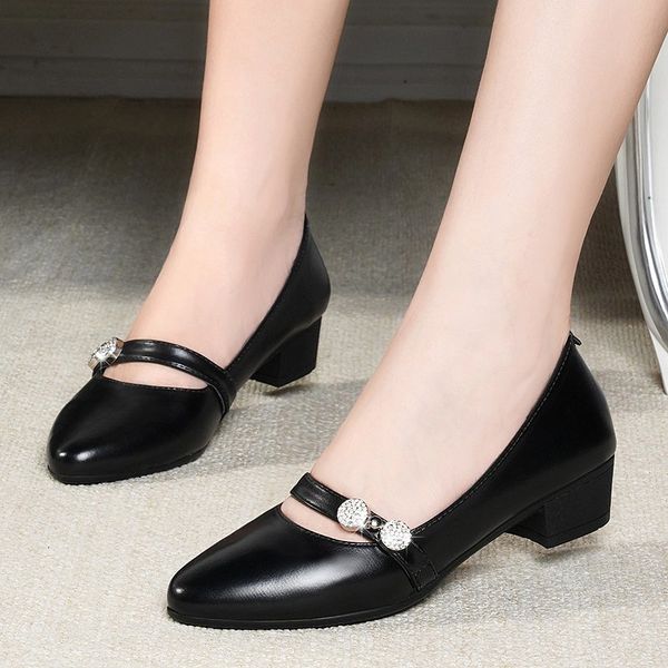 

Ol Office Lady Shoes Pointed Toe Mary Janes Shoes Mid Heels Dress Shoes Woman Basic Pumps Black Rhinestone Boat 9044NDress