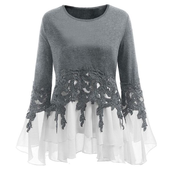 

plus size fashion applique chiffon flare blouse casual winter ladies tunic female women long sleeve shirt blusas pullover, White