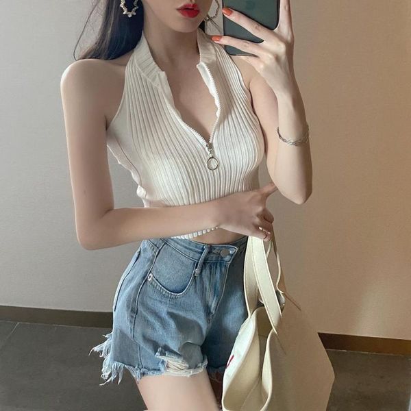 

new short navel knit bottom fashion zipper sleeveless t-shirt, White