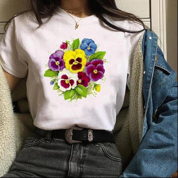 

women tees print graphic plant cartoon watercolor 90s floral flower clothes lady clothing female t shirt womens t shirt, White