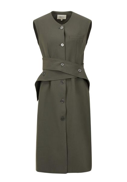 

women's trench coats sleeveless button down belt split solid long vest, Tan;black