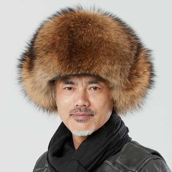 

all fur real raccoon fur bomber hat winter men genuine fox fur russian ushanka trapper cap with brim new design 2021, Blue;gray