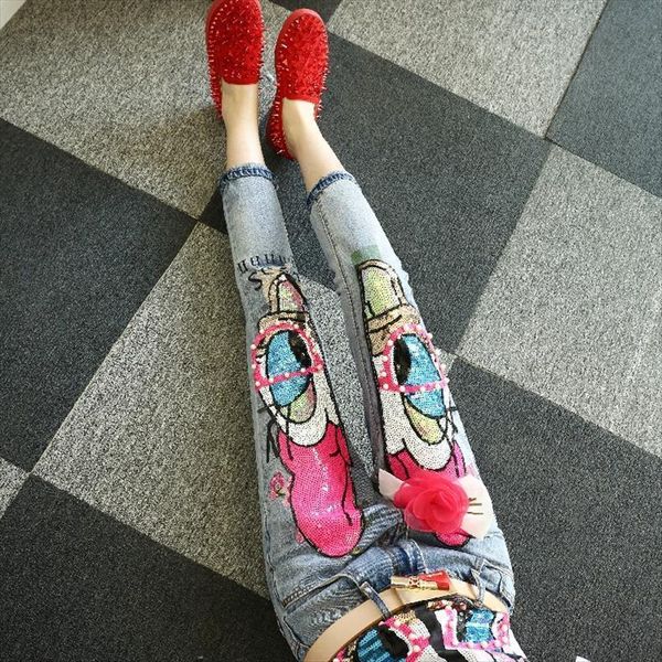 

autumn fashion pink cartoon sequined women jean embroidery ripped casual denim pants female ankle length, Blue