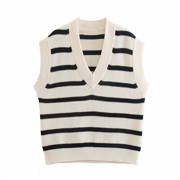 

women's knits & tees spring chic lady black striped za knitted pullover vest women casual v-neck sleeveless sweaters female elasti, White