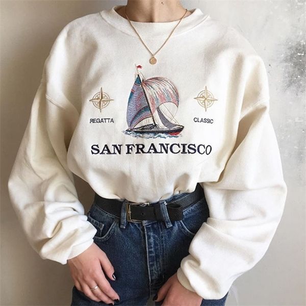 

whiter cotton pattern letter printing crewneck sweatshirt women vintage usa stylish oversized loose casual streetwear pullovers 201126, Black
