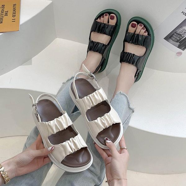 

sandals med fashion womens shoes 2021 flat summer heels buckle strap suit female beige espadrilles platform medium luxury withou, Black