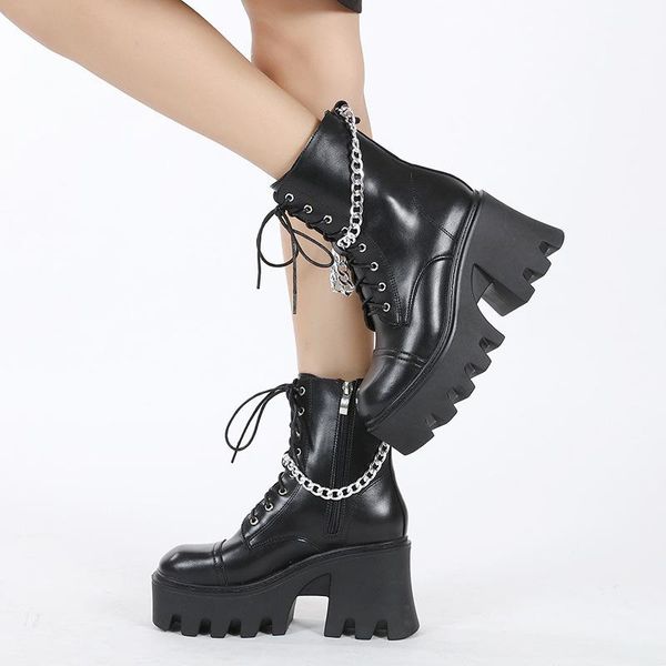 

boots womens ankle metal chain platform block high heel punk lace up shoes motorcycle black british styles 2021