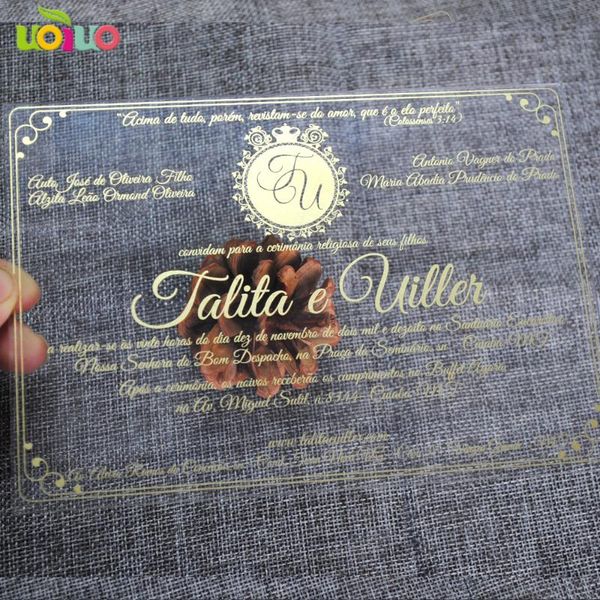 

greeting cards customized 5x7inch contracted noble style white clear acrylic wedding invitations card gold printing