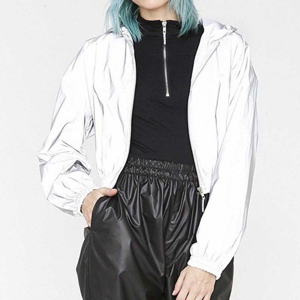 

fashion women hooded street trendy zipper reflective jacket coat long sleeve short bomber jacket casual solid streetwear tjy3#, Black;brown