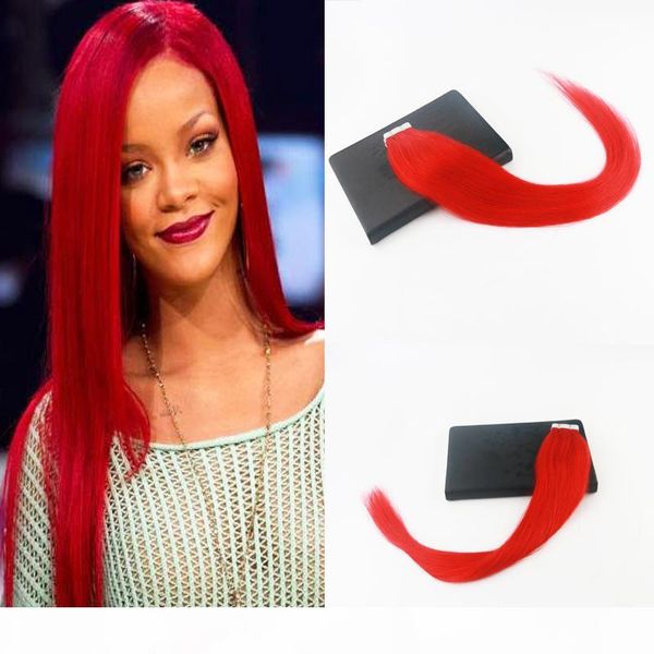 

red# color seamless tape in hair extensions 40pcs 100g straight 14-24inch full thick stick tape on hair extensions, Black