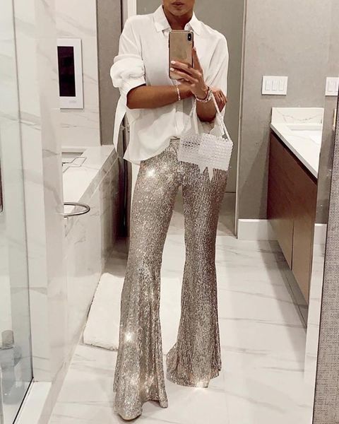 

women's pants & capris glitter high waist bell-bottomed sequins women party clubwear flare, Black;white