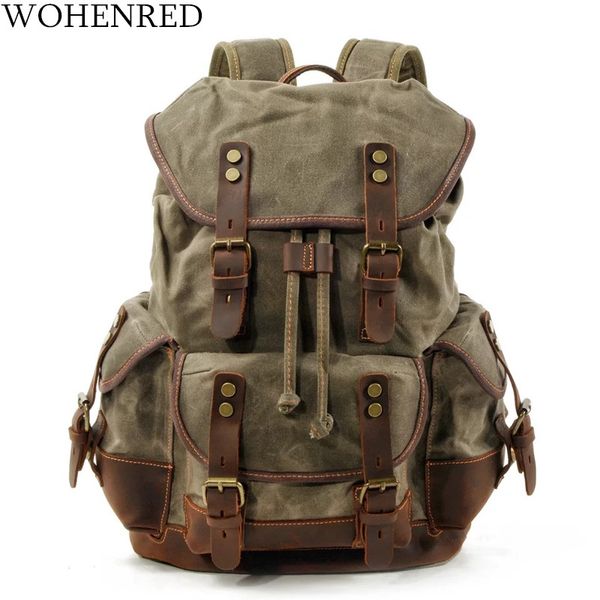 

wohenred large capacity leather canvas backpacks for men school bags vintage waterproof daypack lapbackpack bag, Blue;pink