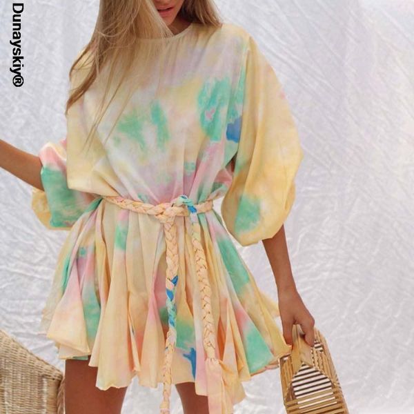 

casual dresses women elegant lantern sleeve party dress 2021 spring o-neck vintage print summer fashion colorful tie-up belt loose, Black;gray