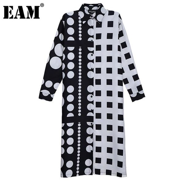 

casual dresses [eam] women black dot printed spliced big size shirt dress lapel long sleeve loose fit fashion spring autumn 2021 1de2328, Black;gray
