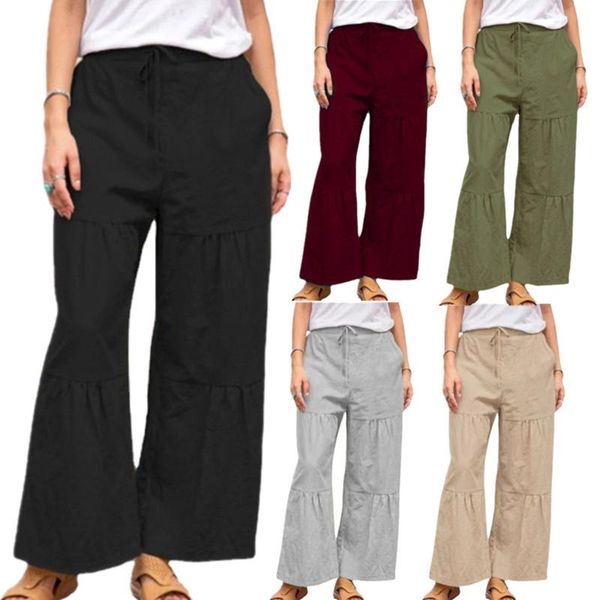 

women's pants & capris for women fashion solid pokets casual elastic drawstring trousers calf-length ladies cotton and linen harajuku, Black;white
