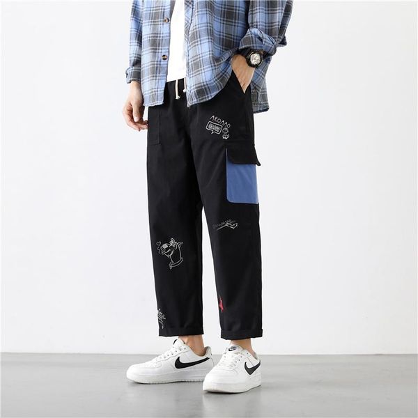 

men's pants japanese streetwear fashion cargo men harajuku graffiti baggy wide leg casual ankle length trousers clothing white, Black