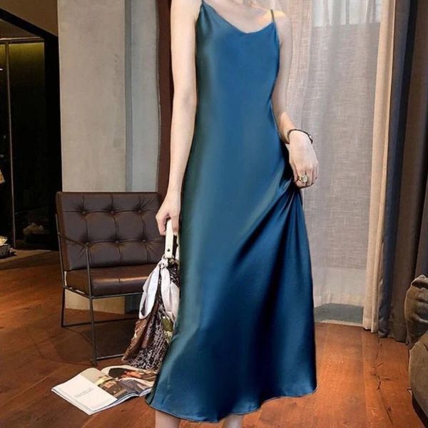 

casual dresses woman dress satin sleeveless spaghetti strap evening party black sundress long wedding silk green 2021 summer, Black;gray