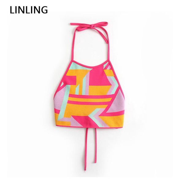 

women's tanks & camis women 2021 chic geometric print knitted crop blouses female summer strappy backless fashion sleeveless lace-up to, White