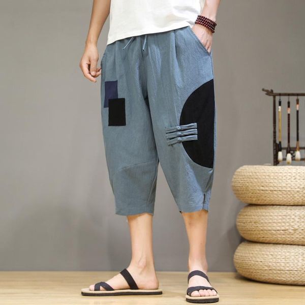 

spring and summer style cotton and linen loose cropped pants men's large size stitching wide-leg pants men's lantern pant, Black