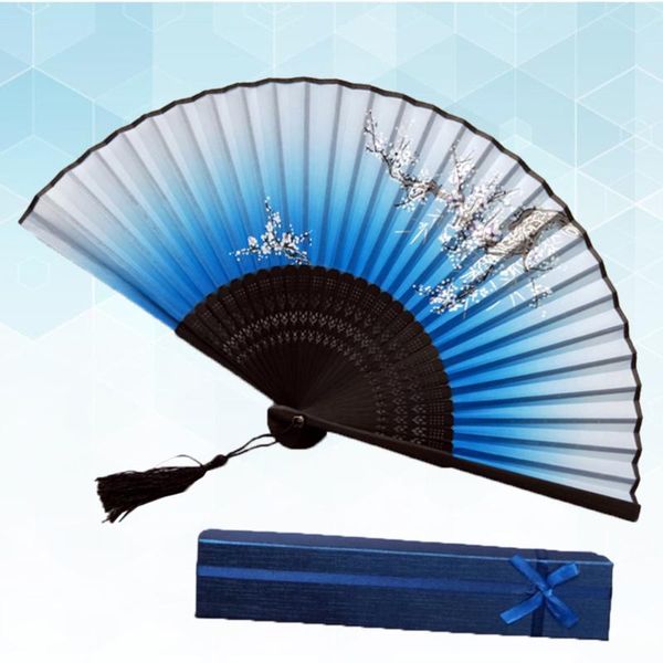 Outra decoração de casa Deciding Fan Set estilo japonês clássico clássico azul preto Face Plum Blossom Bamboo Collapsible Handheld com caixa de presente