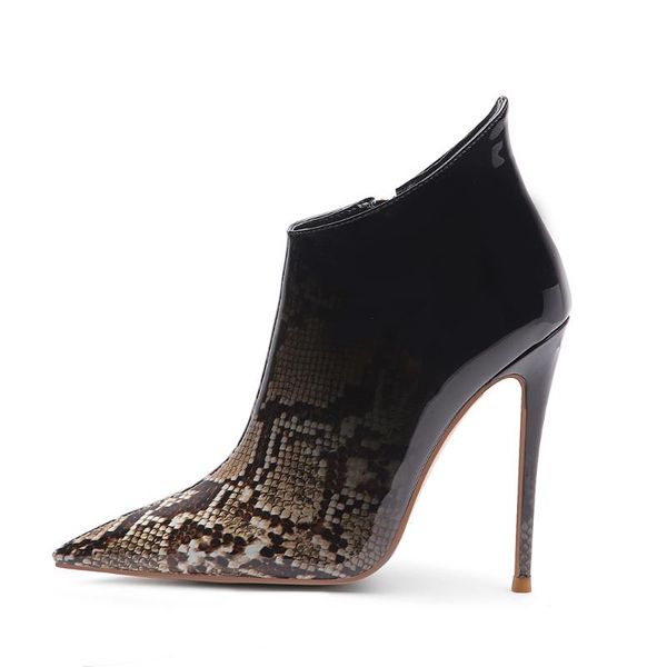 

boots bescone stylish ladies ankle winter pointed toe patent leather thin heel shoes women snake pattern zipper bm347, Black
