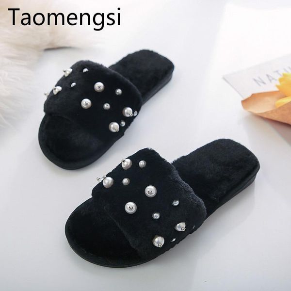 

slippers taomengsi winter pearl fur indoor home flat bottom non-slip open toe word plush black flooring size 36-41
