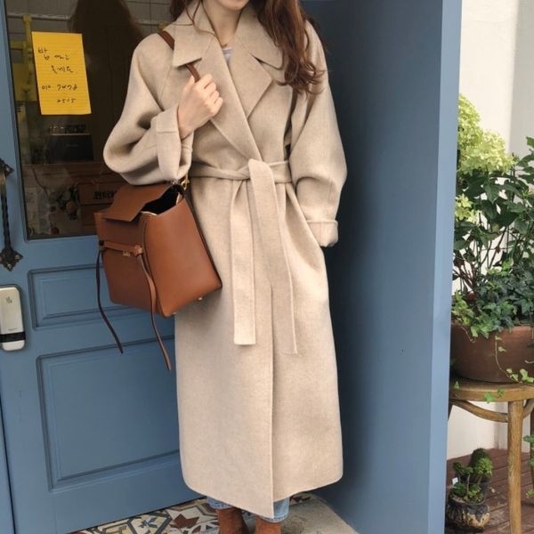 

2021 new korean elegant wool coat women sleeve turn down collar long woolen coats ladies vintage with belt bandage blends outwear gcsb, Black
