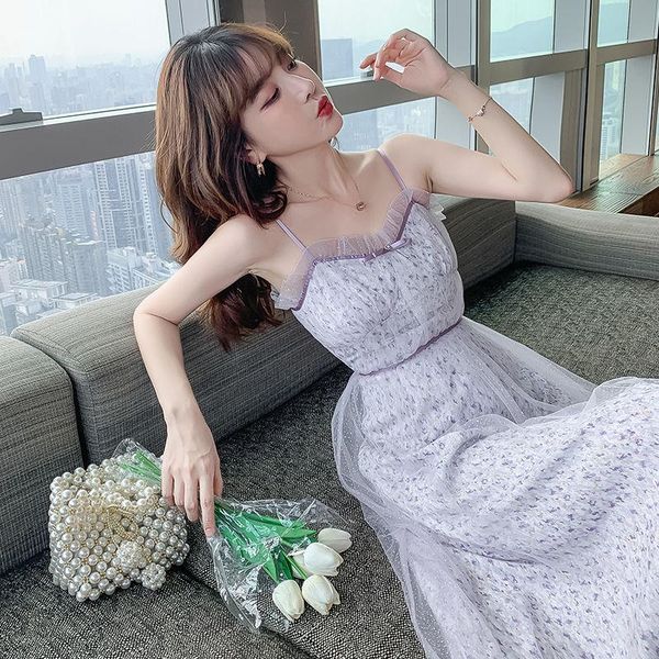 

casual dresses 2021 summer women sleeveless shoulder strap silk gauze print chiffon dress fashion slim elegant lady, Black;gray