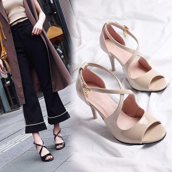 

sandals women summer 2021 peep toe female shoes buckle strap casual offcia lady pumps women's high heels sandalies size 43, Black