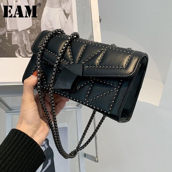 

shoulder bags [eam] women rivet metal chains pu leather flap personality all-match crossbody bag fashion tide 2021 18a2074