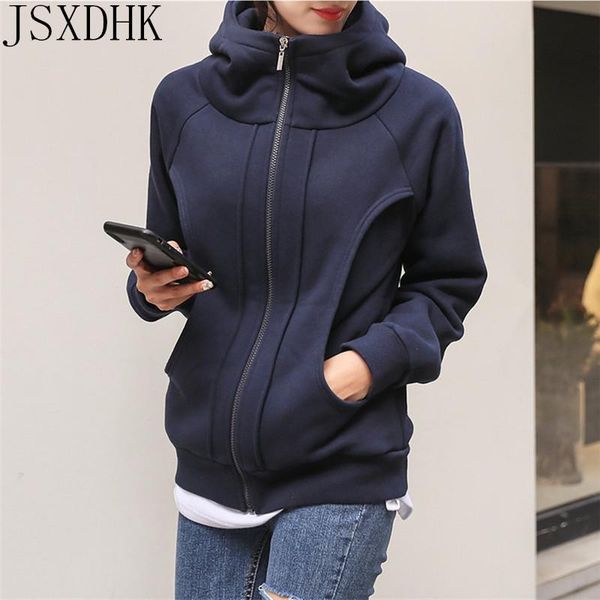 

women's wool & blends casual hoodies sweashirt coat women fashion streetwear long sleeve warm thicken plus velvet solid outwear, Black