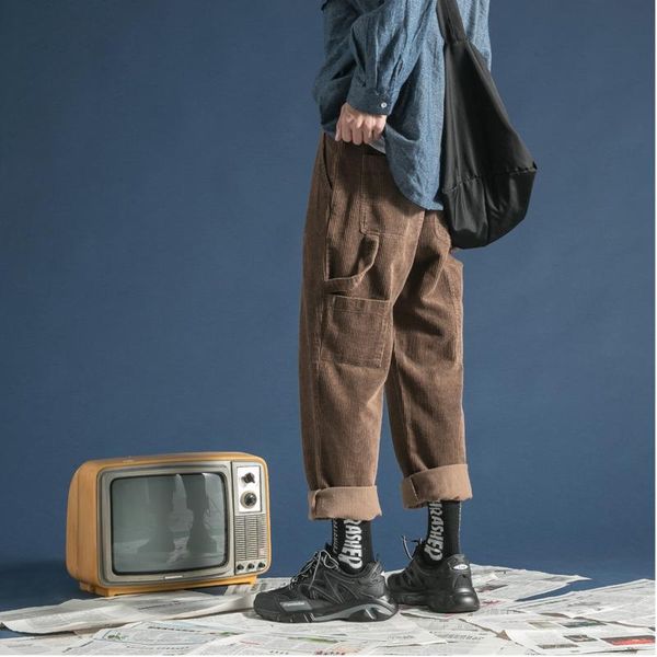 

men's pants 2021 autumn and winter thick corduroy overalls tide brand straight loose casual khaki / green gray s-2xl, Black