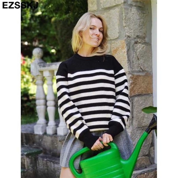 

cashmere thick stirped oversize sweater pullover casual o-neck lantern sleeve puff sleeve big size sweater 211011, White;black