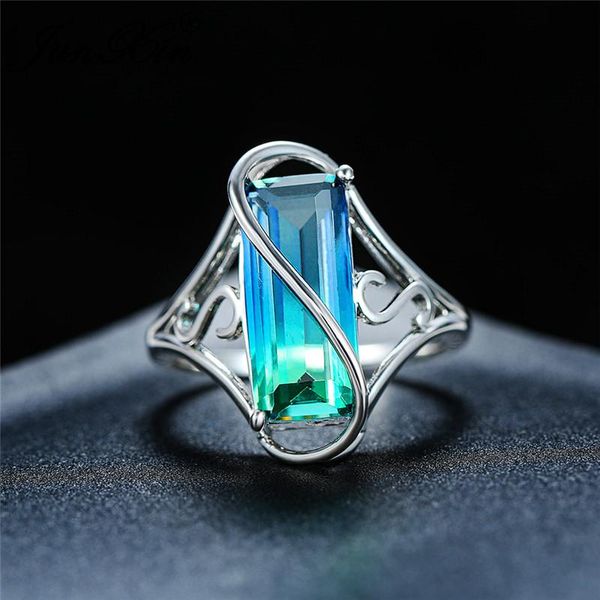 

wedding rings mystic rainbow fire crystal big rectangle for women silver color green pink blue zircon engagement ring band, Slivery;golden