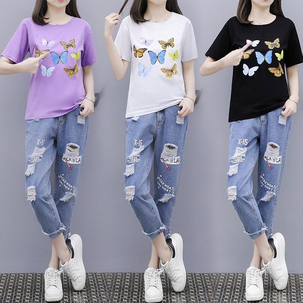 

women's two piece pants european summer female butterfly printed t-shirts nine points jeans suits fashion, White