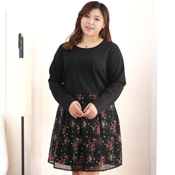 

casual dresses floral print patchwork midi dress women long sleeve party 4xl to 10xl plus size vestido de mujer, Black;gray