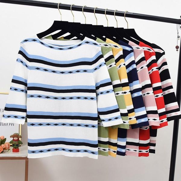 

women's sweaters casual women autumn sweater slim stripes print seven points sleeved round collar bottom knit sweater*, White;black