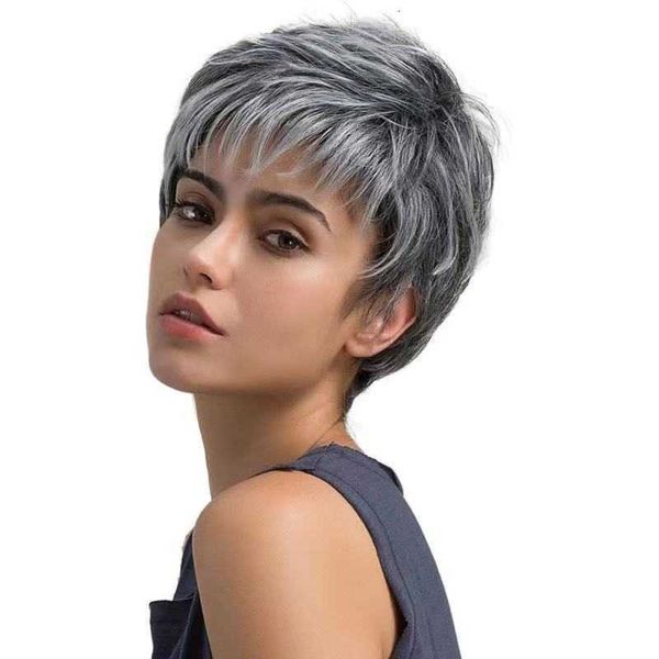 

women's short hair set rose net grey gradual change wig high temperature wire, Black