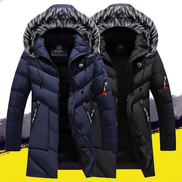 

winter coat men long parka jacket fur collar hooded jacket winter warm coat oudoor jacket mens outwear long overcoat cotton 210222, Black