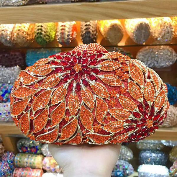 

evening bags in stock orange red crystal clutch purse gold metal leaves women's diamond handbags luxury lady party prom mini clutches