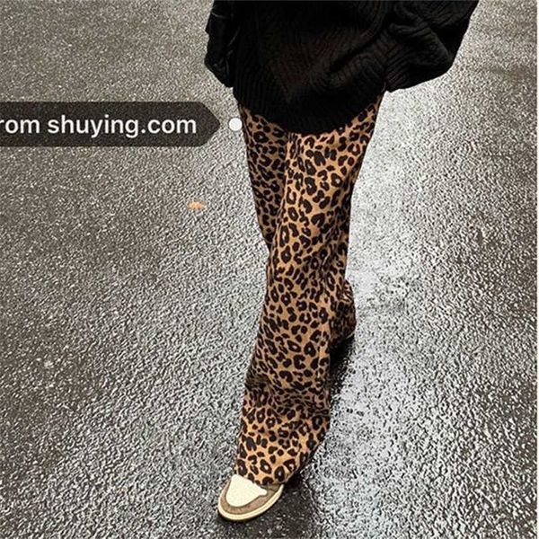 Leopardo Coreano Imprimir Largo Perna Calças Cintura Alta Tubo Reto Casual Mop Fino Moda Suor 211124