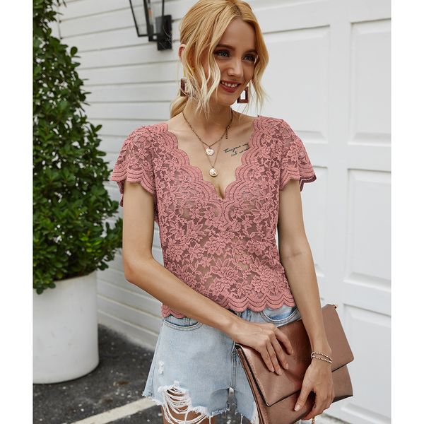 

2020 summer selling v-neck short sleeve lace cropped t-shirt spot, Black;gray