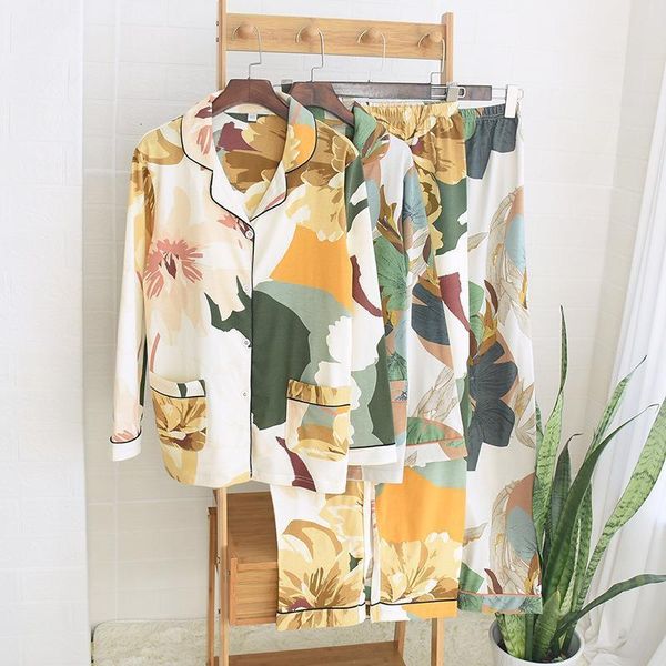 

leaf printed women's pajamas set spring summer cotton long sleeve nighties female homewear plus size casual sleepwear two-pieces, Black;red