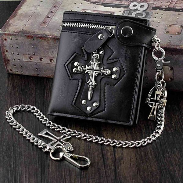 

mens gothic cross clasp leather wallet with antique biker chain black, Red;black