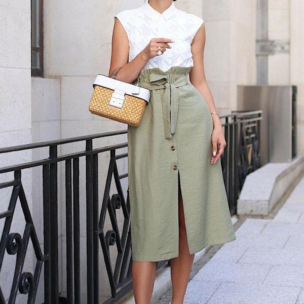 

skirts office lady button front split drawstring midi autumn women plaid high waist quality bow cocktail party skirt, Black