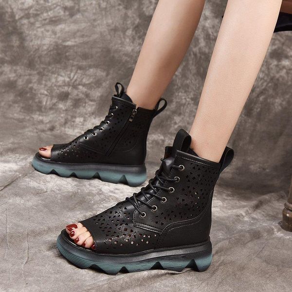 

sandals 2021 fashion ladies hollow-out gladiator women platform shoes peep-toe leather summer cool boots, Black