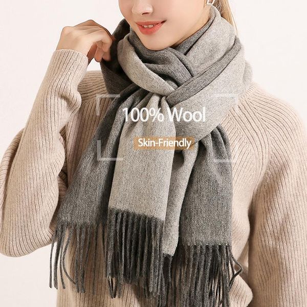 

scarves reversible 100% pure wool women two-sided 2021 fashion cashmere warm echarpe warps for ladies grey winter scarfs, Blue;gray