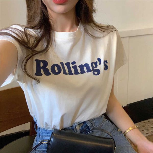 

women's t-shirt letters print summer t-shirts women o-neck short sleeve casual korean funny shirts simple streetwear vintage, White