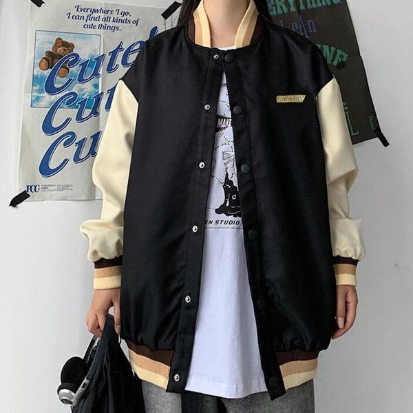 

women's jackets casual letter embroidery baseball jacket women patchwork buttons oversize uniform korean style harajuku loose, Black;brown