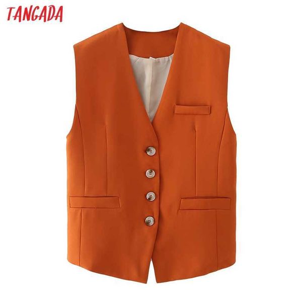 Tangada Damen Orange Crop Weste Weste Mantel mit Knöpfen Büro Damen Ärmelloses Blazer Top DA43 210609